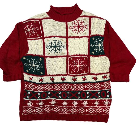 Jacque and Koko Mock Neck Sweater Christmas Patchwork Size 18/20 White Red - Picture 1 of 4